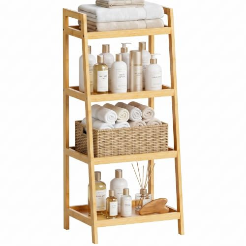 SMIBUY Bambusleiter-Bücherregal, Badezimmer-Aufbewahrungsregal-Organizer, freistehender Pflanzenständer Platzsparende Regale für Schlafzimmer, Küche, Balkon (Natürlich, 4 Ablagen (99cm H))