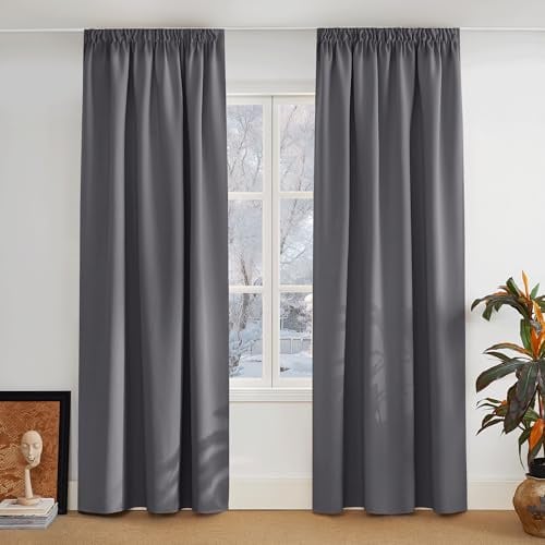 PONY DANCE Kräuselband Gardinen Grau Blickdicht Thermovorhang Kälteschutz | 2er Set H245 x B140 cm, Verdunklungsvorhänge mit Kräuselband für Schienen, für Wohnzimmer, Blackout Curtains, UV-schutz