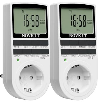 2x NOVKIT digitale Zeitschaltuhr Steckdose mit 10 konfigurierbaren wöchentlichen Programme und einbruchsicheren Zufallsfunktion für Innen (230V / 16A / 3680W)
