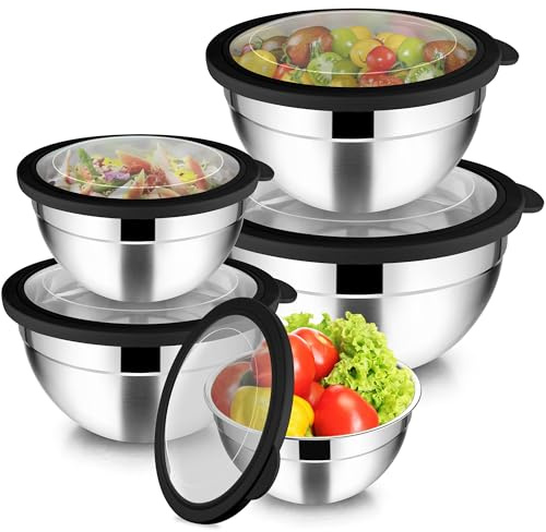 Joyfair Edelstahl Rührschüssel 5er Set mit Transparenter Deckel - Schwarz | 4,5L/ 2,7L/ 1,5L/ 1,2L/ 0,7L, Stapelbar Salatschüssel zum Servieren/Kochen/Backen, Spülmaschinenfest, Hitzebeständig