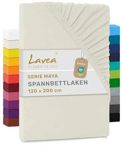 Lavea® Spannbettlaken 120 x 200 cm Maya Jersey, Bettlaken aus 100% Baumwolle, mit Rundumgummi für Matratzen bis 20 cm, atmungsaktiv, pflegeleicht, formstabil, Spannbetttücher, Creme Naturweiß