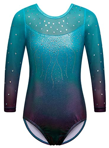 ZNYUNE Kinder Gymnastik Trikot mit Pailletten Mädchen Gymnastikanzug 3/4 Hülse in Tüll B285 Aqua 8A