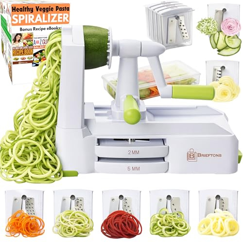 Brieftons 7-Klingen-Spiralschneider: Stärkster Gemüsespiralschneider, der beste Veggie-Pasta-Maker für Low Carb/Gluten-Frei, mit Klingenablage, Behälter, Deckel & 4 Rezeptbüchern als E-Book