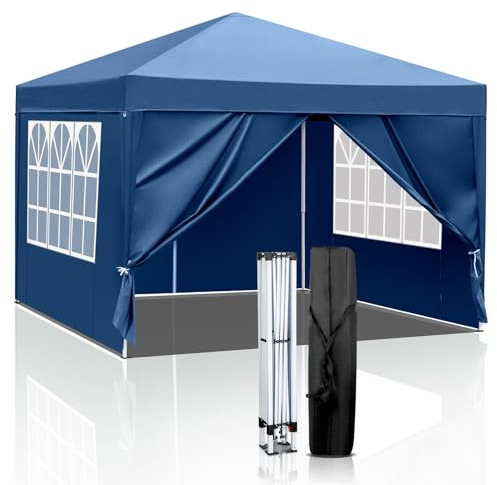 LEADZM Pavillon 3x3m Pop-up Faltpavillon,Wasserdichter,Höhenverstellbar,UV Schutz 50+,Gartenzelt,Partyzelt,Camping,Stahlrahmen,mit 4 Seitenteilen (Blau-4 Seitentuch)
