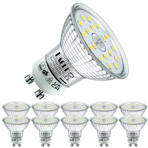 EACLL GU10 LED Kaltweiss 4.9 W Ersetzt 75W Halogen Leuchtmittel, 10er-Pack. 585 Lumen 6000K Birnen, AC 230V Flimmerfrei Strahler, Abstrahlwinkel 120° Spot, Nicht Dimmbar Ø50xH53mm Reflektorlampen