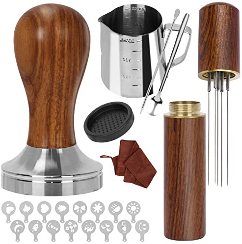 Y-Step Kaffee Tamper 51mm, Espresso Tamper Set 23pcs, Barista Set mit Aufschäumkrug, Tamper Matte, Latte Art Stift, Kaffee-Rührer, Sandelholz-Tamper für Espressomaschine
