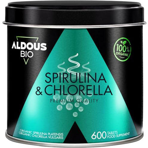 Bio Spirulina + Chlorella Tabletten für 100 Tage - 600 Tabletten - 3000mg pro Tagesdosis - Vegan - Sättigend - DETOX - Veganes Protein - Keine Zusatzstoffe - Offiziell Bio-Zertifiziert - ALDOUS