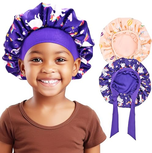 Lolalet 2 Stück Kinder Schlafmütze aus Satin, Weiche Elastische Bonnet für Gelockte Mädchen Zöpfe - Einhorn/Regenbogen