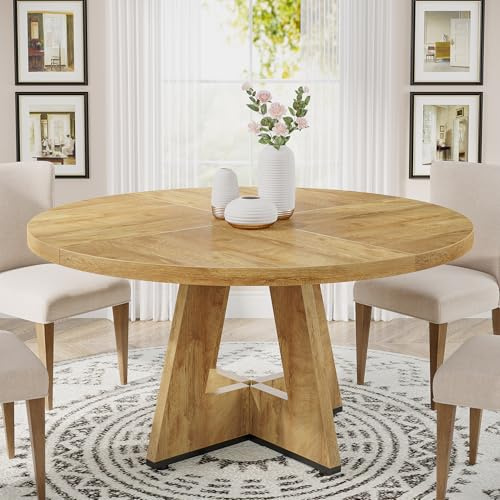 Tribesigns 119 cm runder Esstisch Holz Küchentisch für Esszimmer, 119 cm Esszimmertische für 4-6, Landhaus-Akzentmöbel mit Holztischplatte und Kreuzfuß, Helles Holz