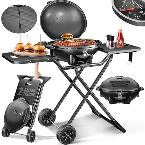 KESSER® elektrischer Elektrogrill 2in1 Tischgrill - Standgrill mit Deckel und Standfuß | max. 2400 Watt | Faltbar | Thermostat | Antihaftbeschichtung | Grillplatte Abstelltische | 2 Räder
