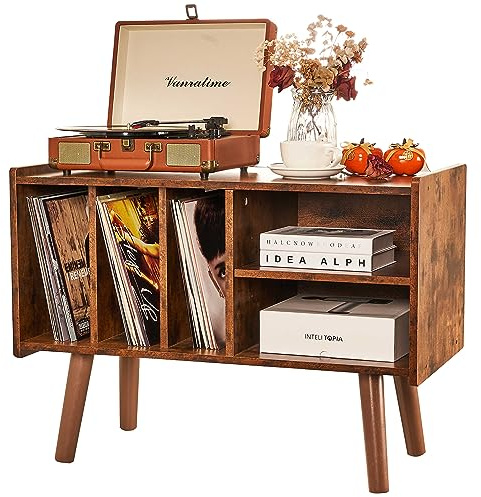 LKKRO Record Player Stand with 4 Cabinet Holds Up to 220 Albums, Mid-Century Record Player Table, Black Vinyl Holder Storage Shelf for Bedroom Living Room (Brown)
