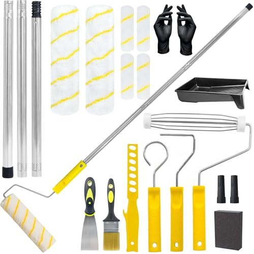 Farbroller Set mit Edelstahl Verlängerungsstange, 18-teilig Farbwannen Set, Farbroller und Wannen Set, Mikrofaser Rollerbezüge zum Streichen von Wänden, Decken, Türen, Zierleisten