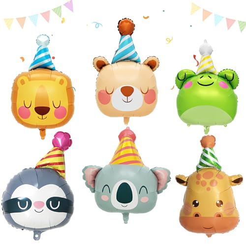 6 Stück Folienballon Tiere Geburtstag, Tierkopf Folienballons Waldtiere Geburtstag Deko Helium Ballons Party Animals für Kinder Dschungel Riesenballon (Tiere)