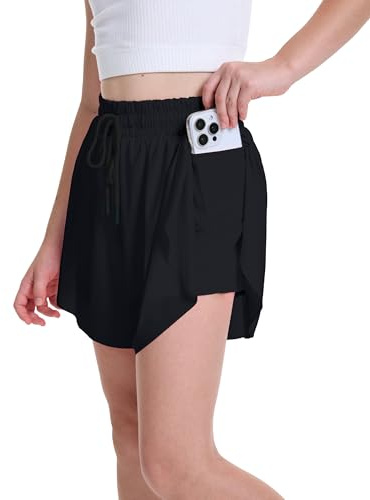 ANTLOOWW Mädchen Kurze Hose mit 2 Taschen 2 in 1 Laufshorts Kinder,Sporthose Mädchen Kurz with Elastischer Bund für Laufen,Gymnastik,Freizeit,Schule.