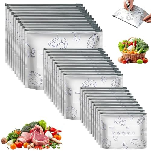 30 wiederverwendbare verschließbare Aufbewahrungsbeutel aus Aluminiumfolie, Meeresfrüchte, Fleisch, Gefrierbeutel mit Etikett und Reißverschluss für Fleisch, Produkte, Snacks, Gemüse, Obst, für Küche