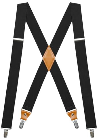 Hosenträger Herren Breit 35mm Elastisch Hosenträger Herren Extra Stark mit Sehr Starken 4 Metall Clips Einstellbar Einheitsgröße für Arbeitshose Motorrad Hosen Lederhose Männer Damen X Form Schwarz