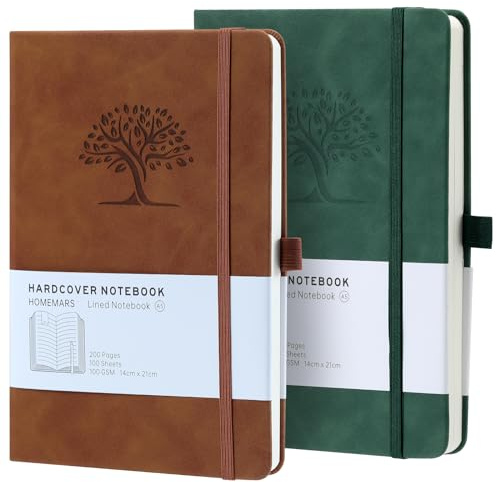 Notizbuch, Notebook, Notizbuch a5, Journal buch, Reisetagebuch, Liniert a5, Notizblock, Notizbücher a5, 100gsm, 200Pages, 2 Stück, Reisetagebuch, Leder, Prägebaum Design,Braun Grün