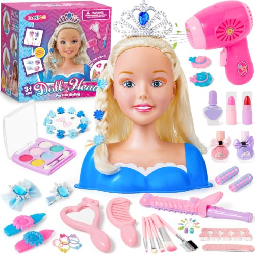 Frisierkopf Kinder Set Schminkkopf für Mädchen Kinder Spielzeug Puppenkopf Zum Frisieren Krone Haartrockner Kinderschminke Friseur Haarzubehör Weihnachten Geburtstags Geschenk Mädchen 3 4 5 6(Blau)