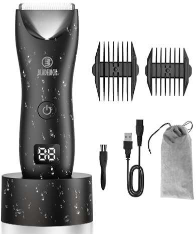 ENSSU Ball-Trimmer für Herren, Schamhaarschneider für Männer mit LED-Licht, wasserdicht, kabelloser Körperrasierer für Männer mit sicherer Keramikklinge, LED-Power-Display, Schwarz