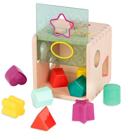 B. toys Wonder Cube - Holz-Formensortierer mit 9 bunten Formen | Formensortierer aus Holz mit 9 bunten Formen, transparentem Deckel und Aufbewahrung im Würfel, Formen zuordnen, 18+ Monate