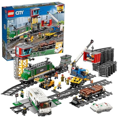LEGO City Trains Güterzug - Zug Spielzeug, Gabelstapler, 32 Gleisstücke, Signalleuchten & 6 Minifiguren – Lokomotive Spielset für Kinder - Kreatives Geschenk für Jungen & Mädchen ab 6 Jahren - 60198