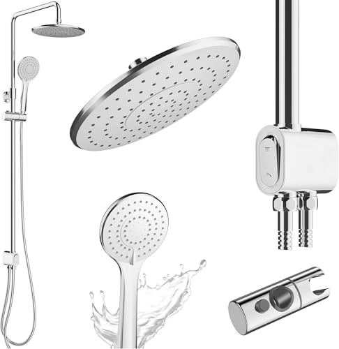 Duschsystem ohne Armatur Edelstahl rostfrei mit Druckknopf - 50% wasserspar Wellness Duschset ohne Armatur - Überkopfbrauseset - Regendusche mit Wandhalterung Komplettset für Dusche und Badewanne
