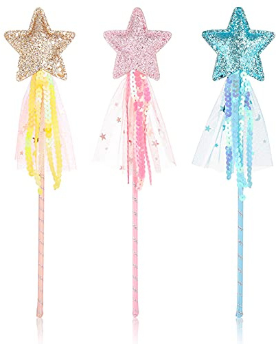 Chutoral 3 Stück Stern Zauberstab Prinzessin Zauberstäbe Fee Glitzer Stern Zauberstab Feenstab für Mädchen Weihnachten Halloween Geburtstagsfeier Dekoration (Gold&Rosa&Blau)