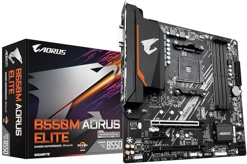 GIGABYTE B550M AORUS Elite Mainboard – AMD Ryzen 5000 CPUs, Micro-ATX Mainboard, 5+3 Phasen VRM, bis zu 4733 MHz DDR4, PCIe 4.0 + PCIe 3.0 M.2, 1GbE LAN, USB 3.2 Gen 1
