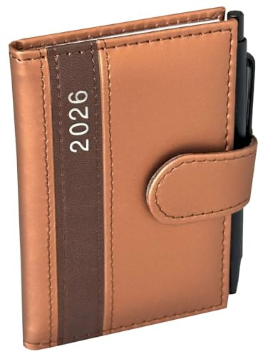 Taschenkalender 2026 A7 mit Kugelschreiber und Halterung in feiner Lederoptik, Terminplaner 2026 mit Stift Timer inkl. Jahreskalender und Wochenübersicht (Gold)