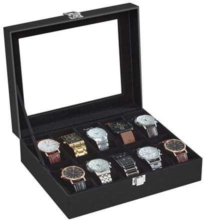 SONGMICS Uhrenbox mit 10 Fächern, Uhrenkasten, Glasdeckel, Uhrenkoffer, herausnehmbare Uhrenkissen, Metallverschluss, Geschenkidee, PU-Bezug in Schwarz, Innenfutter in Schwarz JWB010B02