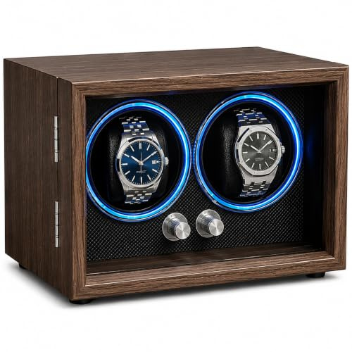 BeSokar Uhrenbeweger für 2 Uhren – Leiser Motor, 4 Rotationsmodi, Magnetfeldschutz, Blaues Ambientelicht, Kompaktes Design