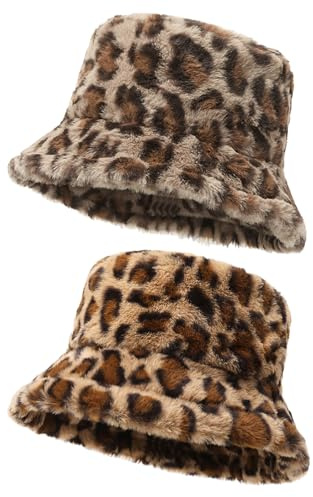 JSTHHTT 2 Stück Wintermütze Damen Fischerhut, Winter Fuzzy Eimer Hut, Mütze Damen Winter Flauschige, Leopardenmuster Fischermütze, Warme Mütze Hut