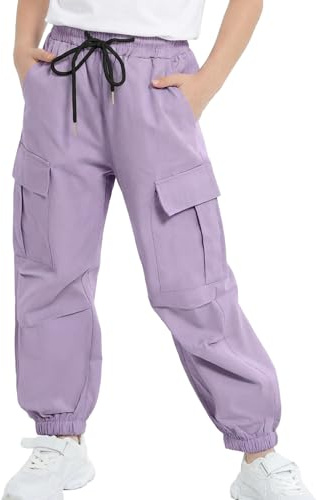 JiAmy Mädchen Cargo Hose, Elastische Taille Baggy Fallschirm Hose Multi Taschen Tanz Jogger Y2k Kinder Hosen für 7-8 Jahre