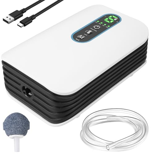 Aquarium Luftpumpe, Sauerstoffpumpe 2600mAh Akku, 3L/min, 6-Stufig Einstellbarer Luftstrom, Ultra-leise USB Aquarium pumpe für Aquarien, Gartenteiche Outdoor Angeln Stromausfälle