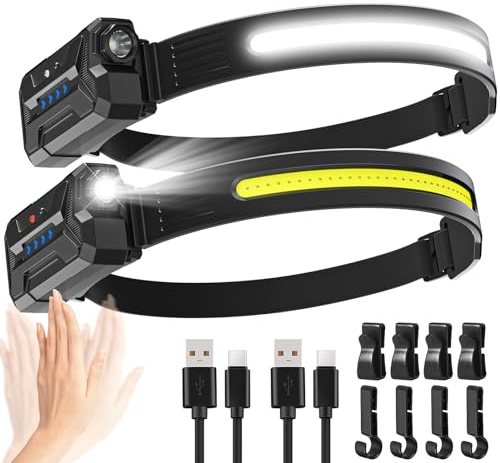 Stirnlampe LED Wiederaufladbar, 2 Stück 230° Weitwinkel 7 Modi Superhelle Stirnlampe, 2600 mAh 22 Stunden Laufzeit, Sensor und Rotlicht, Wasserdicht Leicht Kopflampe für Joggen,Camping,Laufen,Wandern