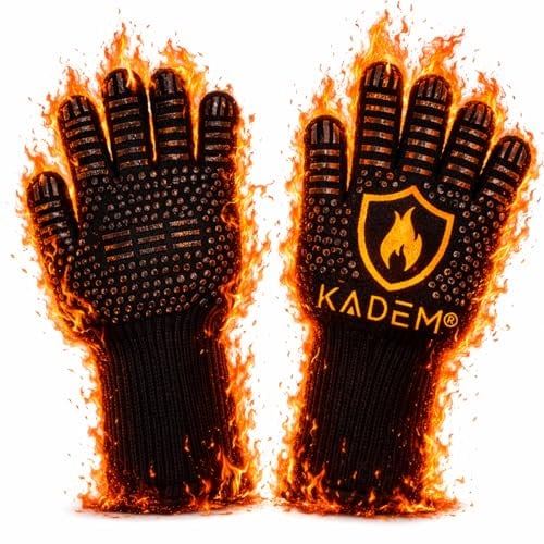 Unisex Aramid Backofenhandschuhe Grillhandschuhe Hitzebeständig bis 800 °C | Ofenhandschuhe Kochhandschuhe | feuerfest rutschfest | Goldflamme S/M