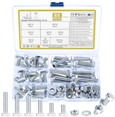 85 Stück M8 Schrauben Set, Sechskantschrauben Muttern Set, Gewindeschrauben Set, Maschinenschrauben Sortiment mit Unterlegscheiben Set, Sechskantkopfschrauben und Muttern Set