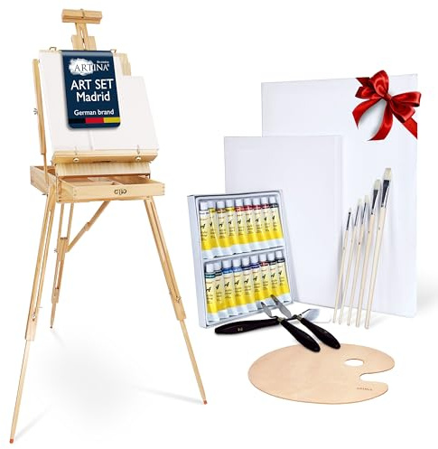 Artina 30 tlg Malset mit Kofferstaffelei Acrylfarben Set Künstlerkoffer | 2x Leinwänden 18x Pinseln & Mal Zubehör für Erwachsene & Hobbykünstler 30tlg Malen Acryl Anfänger Madrid
