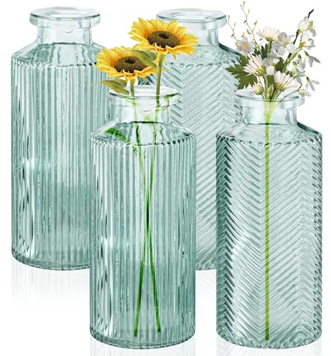 Vasen Deko 4er Set 4 Stück aus Glas in Flaschenform mit der Farbe Salbeigrün