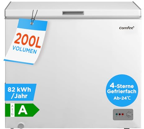 Comfee 200L Gefriertruhe, Freistehend | Extrem sparsam (82 kWh/Jahr), 4-Sterne bis -24℃, Leiser Inverter (41dB), für Keller & Garage, Weiß, RCC201WH6(E)