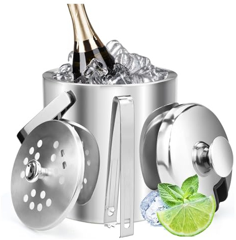 Eiskübel, Edelstahl Eiseimer 1,6L Rundes Kleines Bierfass, Bar-tool Eis-pellet-eishalter Sektkübel mit Portable Tragegriff Eiszange und Deckel