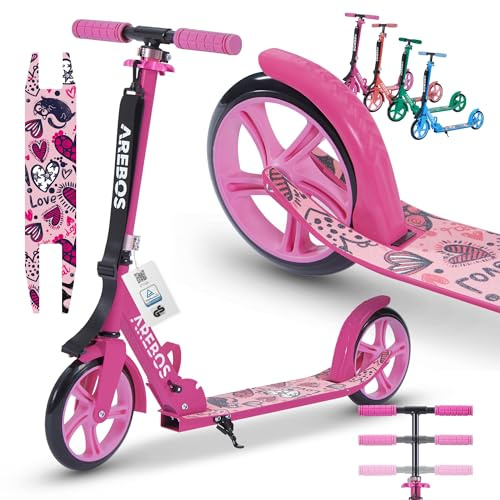 Arebos Cityroller Tretroller Scooter höhenverstellbar | klappbar | inkl. Traggurt | XXL Räder | Tritt-Bremse | für Kinder und Erwachsene | bis 100kg belastbar | Kickroller | Kickscooter