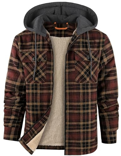 zitysport Holzfällerjacke Gefüttert Herren Hemdjacke Sherpa Fleece Kariert Jacke Fleecefutter Mantel Flanelljacke Outdoor Kapuzenjacke Kariert Männer Winterjacke mit Kapuze Sweatjacke(Gelb Braun, L)