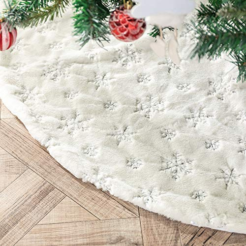 Henrey Tech Weihnachtsbaumdecke Christbaumdecke Weißes Kunstfell Silber Glitter Schneeflocke 122 cm für Weihnachtsbaumdekoration
