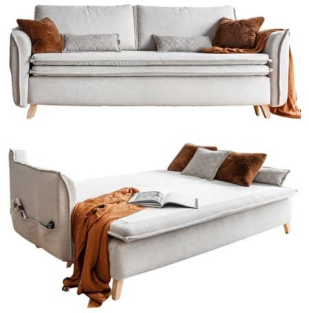 MIUFORM Charming Charlie Slim mit Bettkasten und mit Bettfunktion | 3 Sitzer Sofa | 225 x 90 x 85cm | Klappsofa mit Schlaffunktion | Schlafsofa klappbar (Beige)