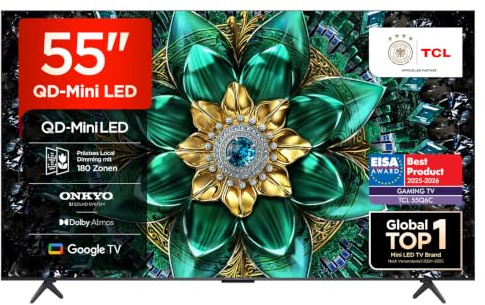 TCL 55Q6C 55 Zoll QD-Mini LED Fernseher, 4K HDR Premium 1000nits, Smart TV mit Google TV (Dolby Vision IQ & Atmos, Onkyo 2.1 Sound System, 144Hz Motion Clarity Pro, Game Master)