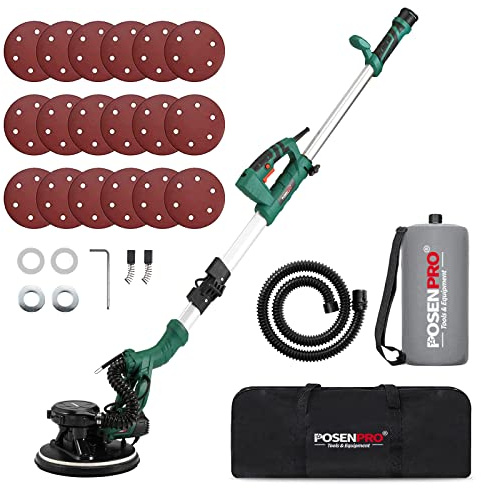 POSENPRO Trockenbauschleifer, Wand & Deckenschleifer, 810W Wandschleifer mit LED und Teleskopstiel, 215mm Schleifsch, Faltbarem Griff, neigbarer Kopf, inkl. 18x Klett-Schleifscheiben