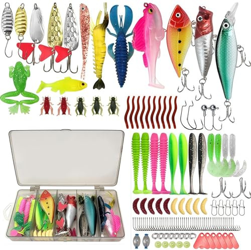 133 Stück Angelzubehör Set, inkl Angelköder Set Köderbox Angeln Angelset Fischer Zubehör kompakt tragbar, Für Angler an Fluss See Meer Umfangreiches Angelset mit praktischer Köderbox