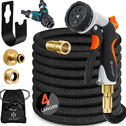 KESSER® flexibler Gartenschlauch 15 m, dehnbarer Flexischlauch, Wasserschlauch mit 3-fach Latexkern, 8 Modi Sprühpistole, Messing Anschlüsse + Wandhalterung, 1/2 & 3/4 Adapter & Tasche, Schwarz