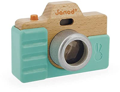 Janod - Spielkamera - Rollenspielzeug aus Holz - Ton und Licht - Entwicklungsspielzeug Stimulation der Sinne und Motorik - Silikonhülle - Wasserfarbe - Ab 18 Monaten, J05381, Blau